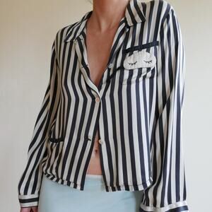 Morgan Lane silk striped pajama top collared blouse pj top vintage M